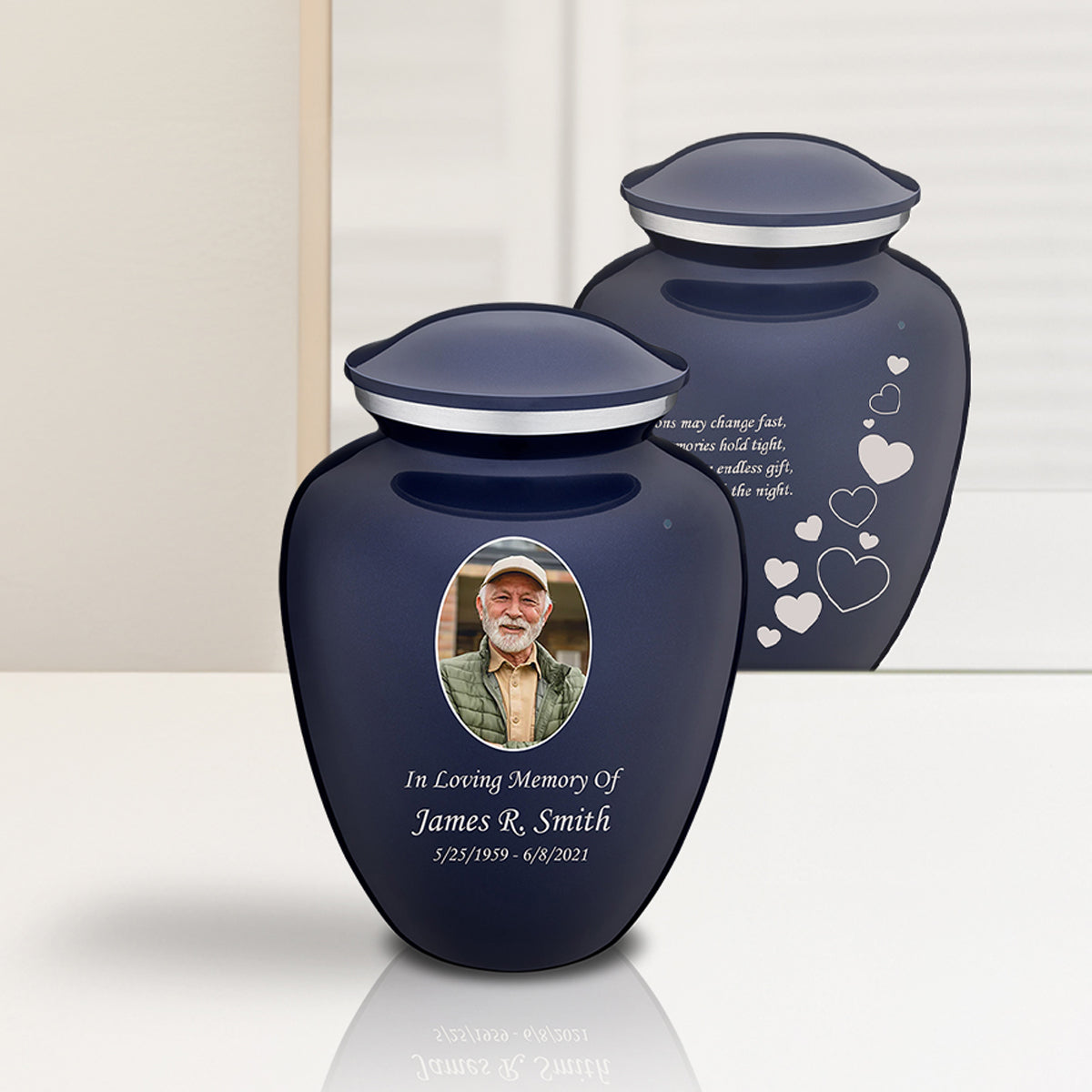 Medium Embrace Cobalt Blue Portrait with Floating Hearts  Cremation Urn