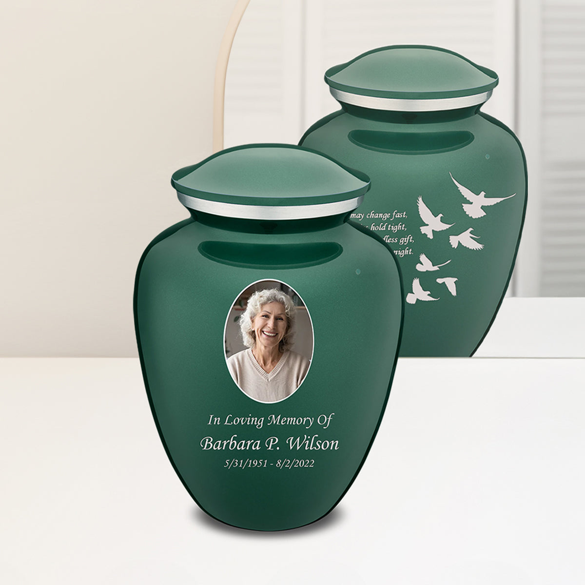Adult Embrace Green Portrait with Doves Cremation Urn