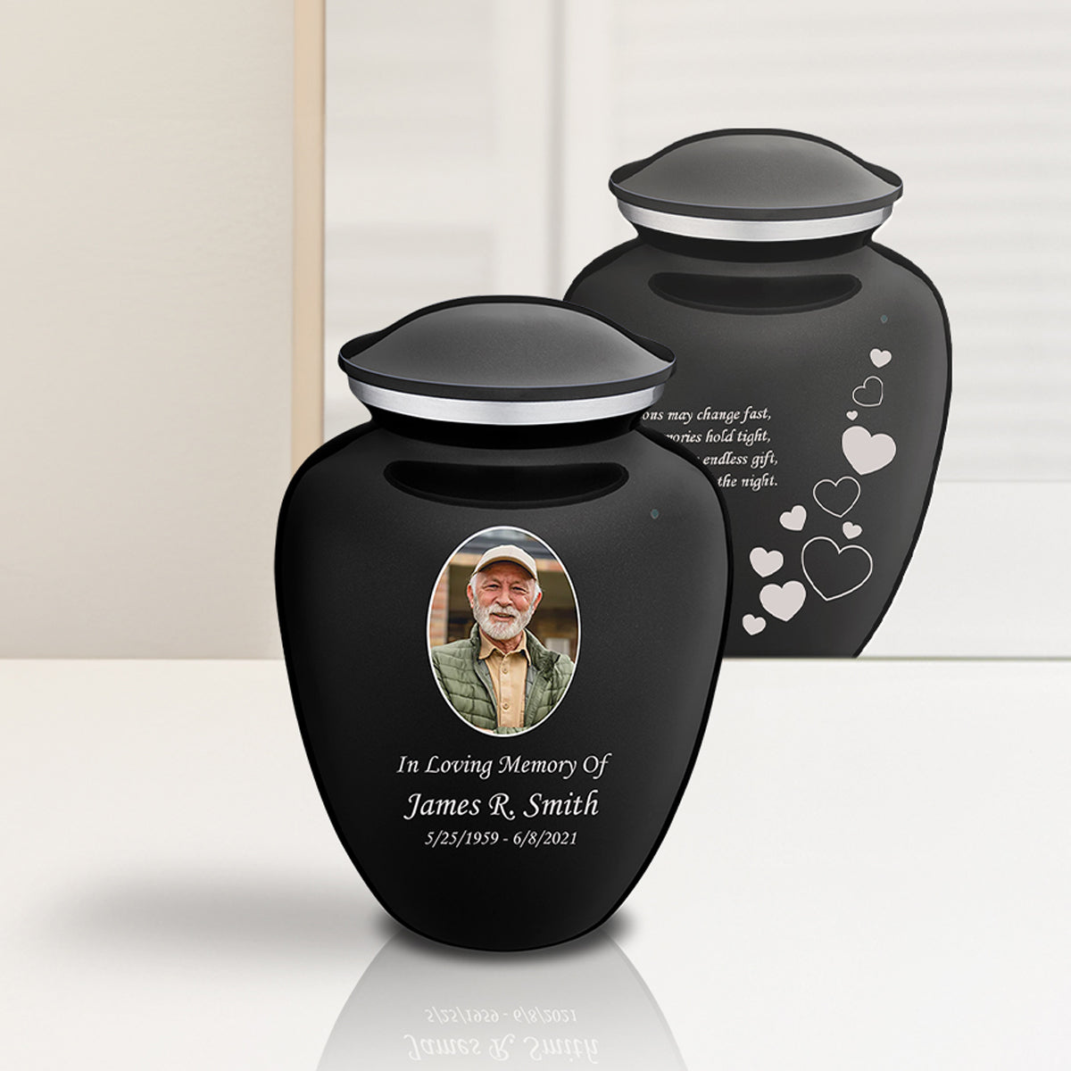 Medium Embrace Black Portrait with Floating Hearts Cremation Urn