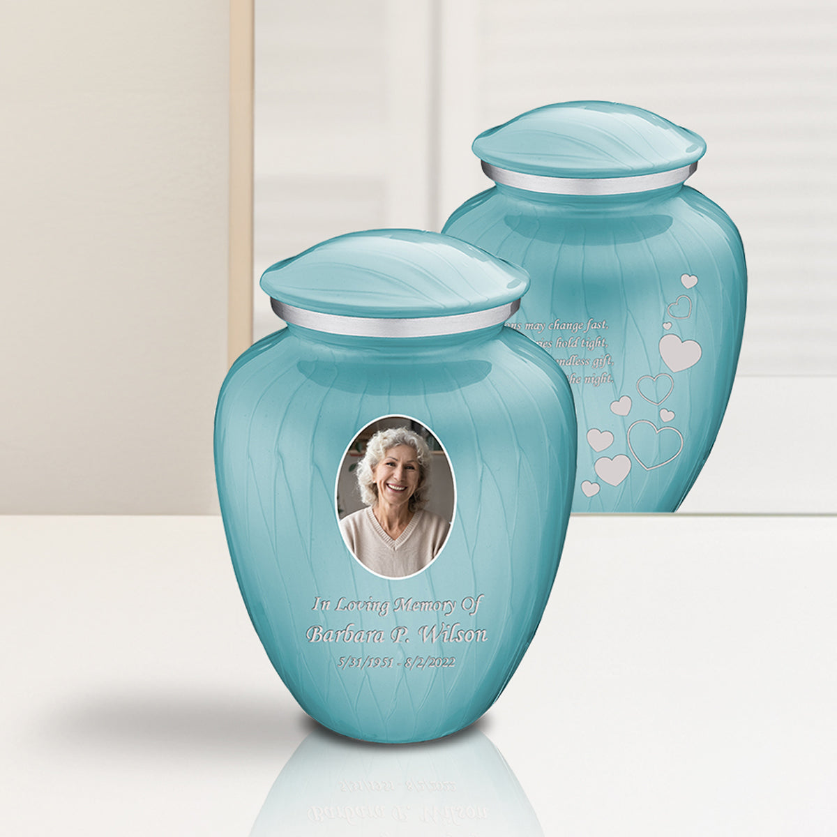 Medium Embrace Pearl Light Blue Portrait with Floating Hearts Cremation Urn