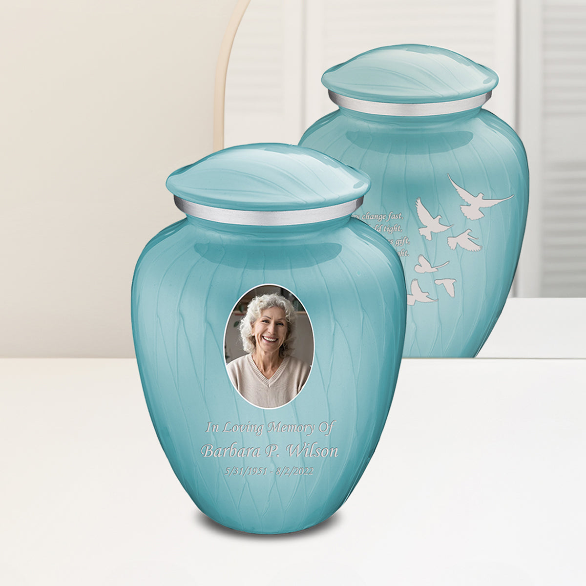 Adult Embrace Pearl Light Blue Portrait with Doves Cremation Urn