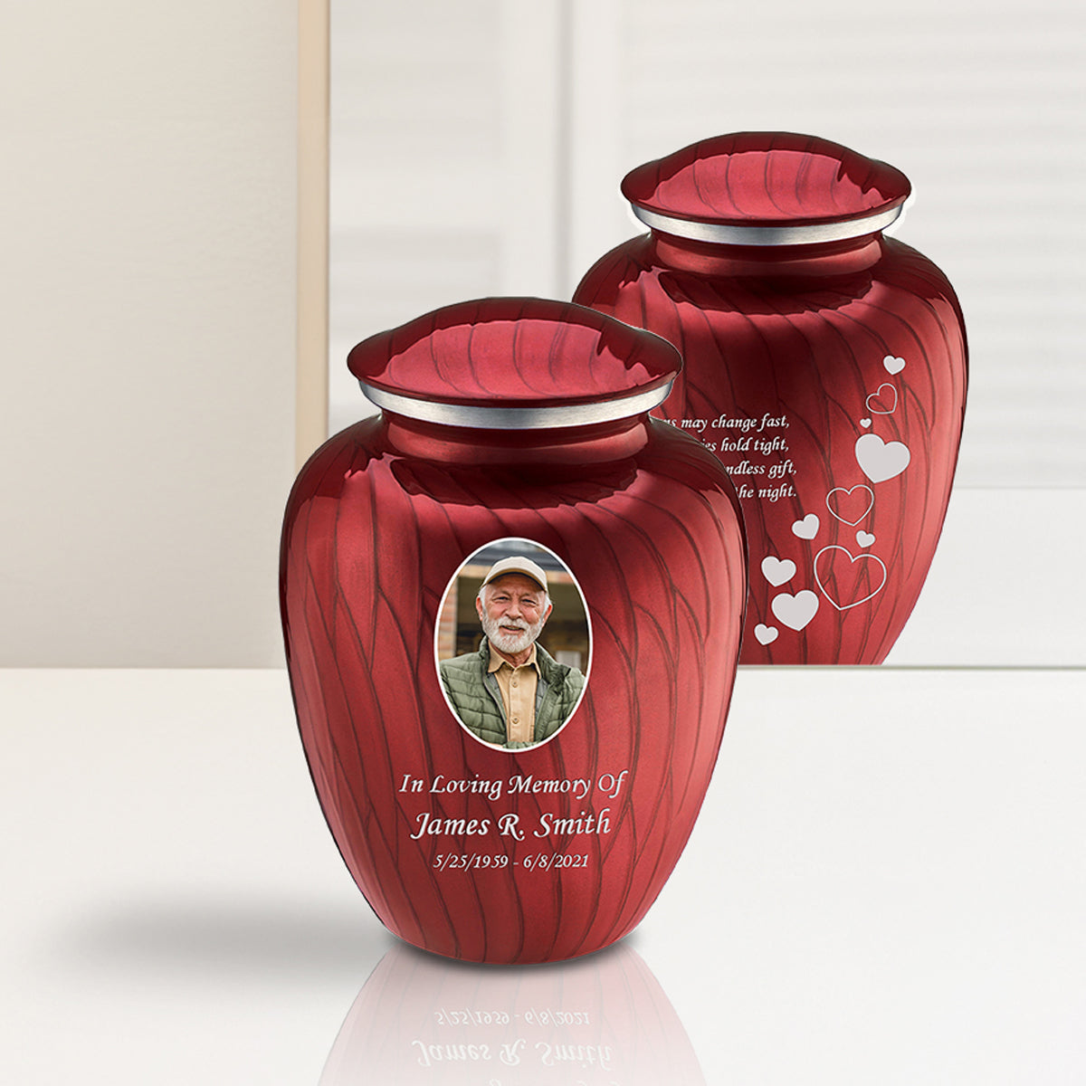 Medium Embrace Pearl Candy Red Portrait with Floating Hearts Cremation Urn