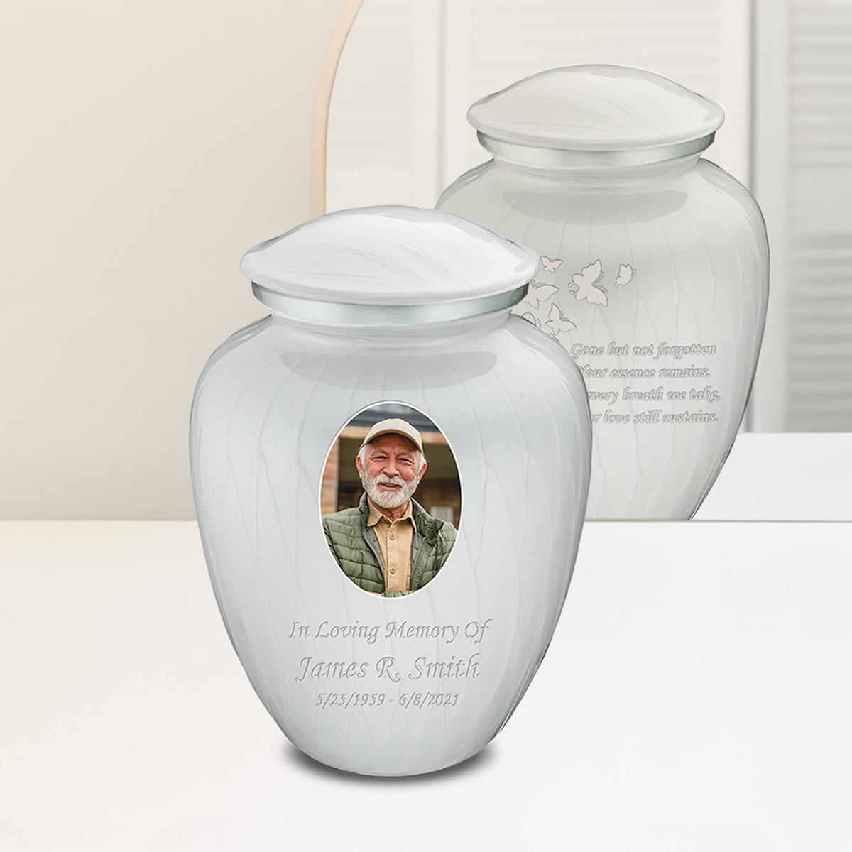 Adult Embrace Pearl White Portrait with Butterflies Cremation Urn