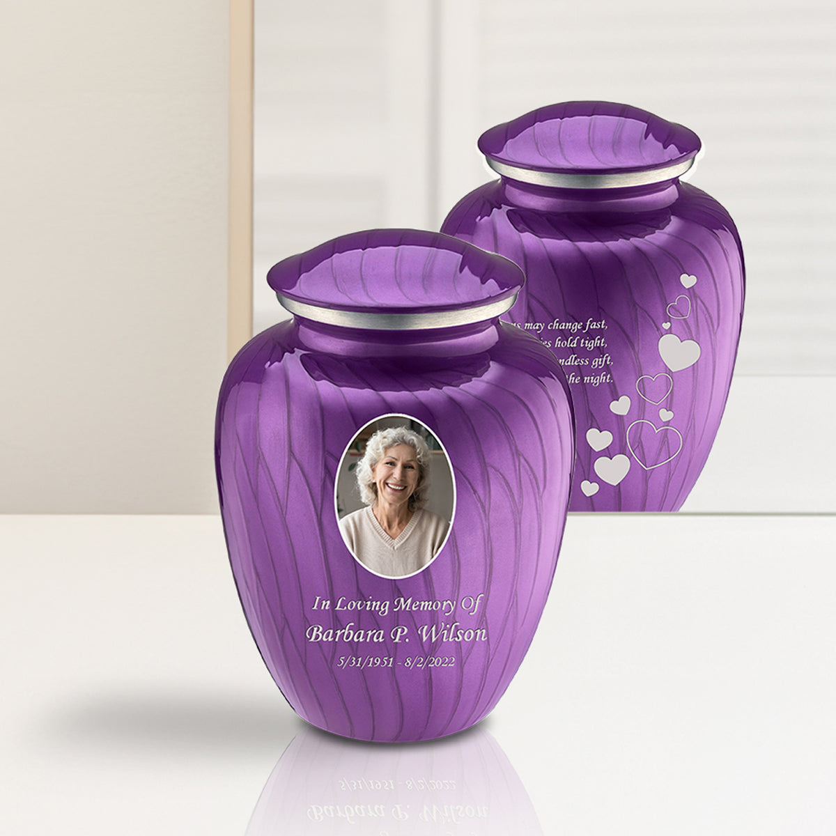 Medium Embrace Pearl Purple Portrait with Floating Hearts Cremation Urn