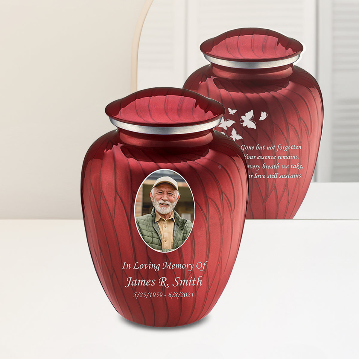 Adult Embrace Pearl Candy Red Portrait with Butterflies Cremation Urn