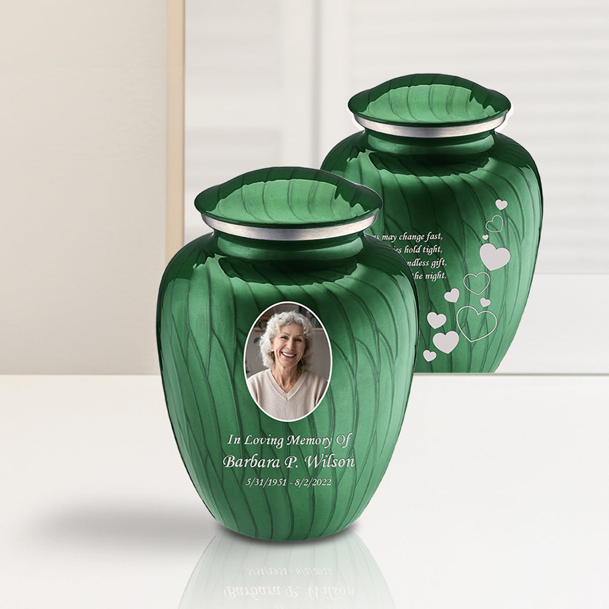 Medium Embrace Pearl Green Portrait with Floating Hearts Cremation Urn
