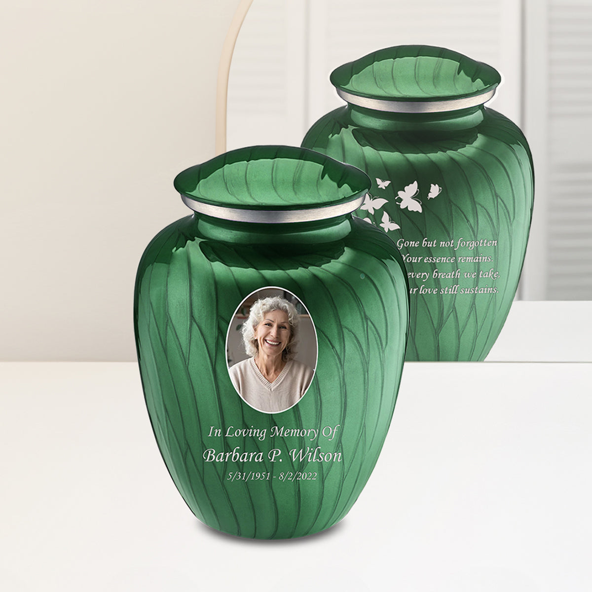 Adult Embrace Pearl Green Portrait with Butterflies Cremation Urn