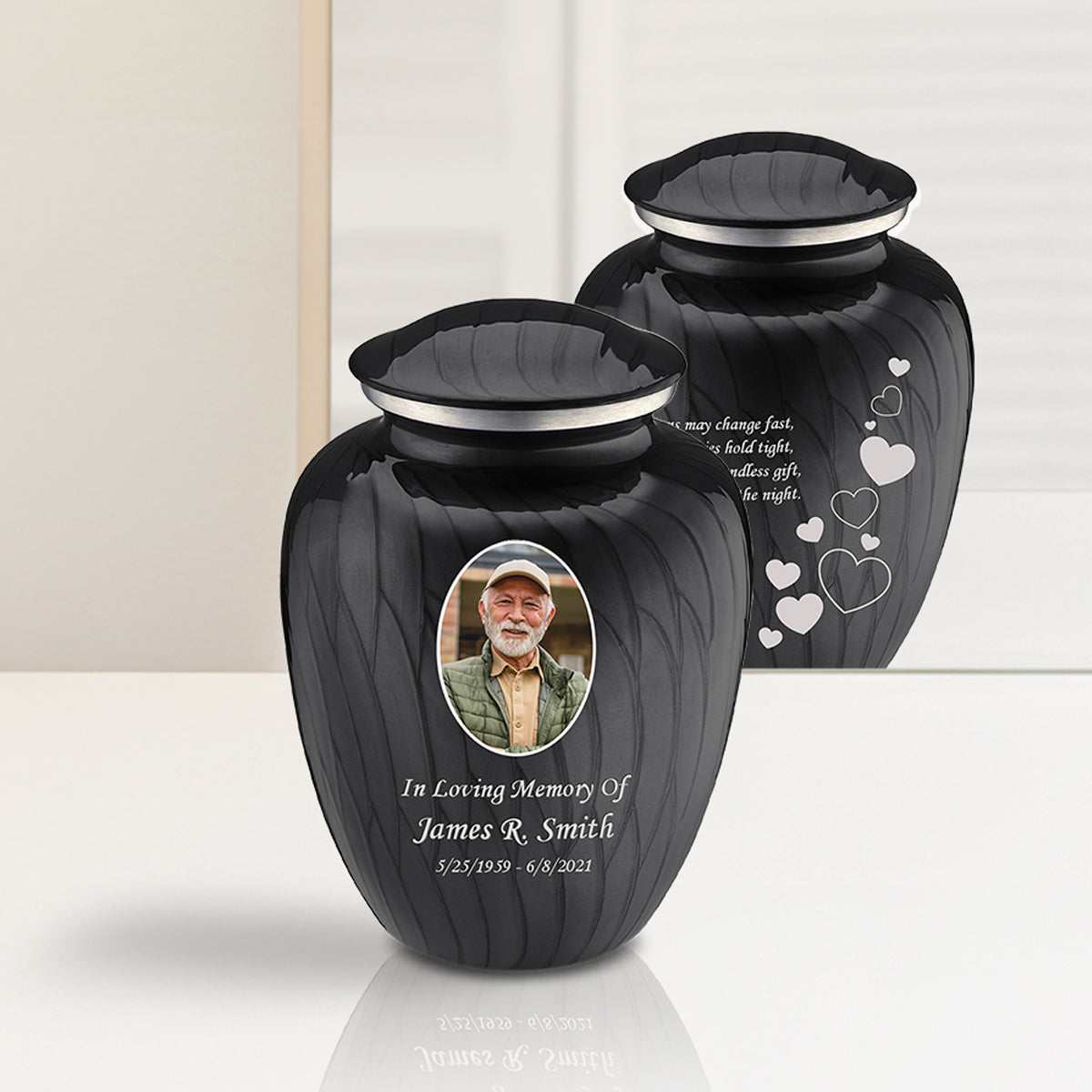 Medium Embrace Pearl Black Portrait with Floating Hearts Cremation Urn