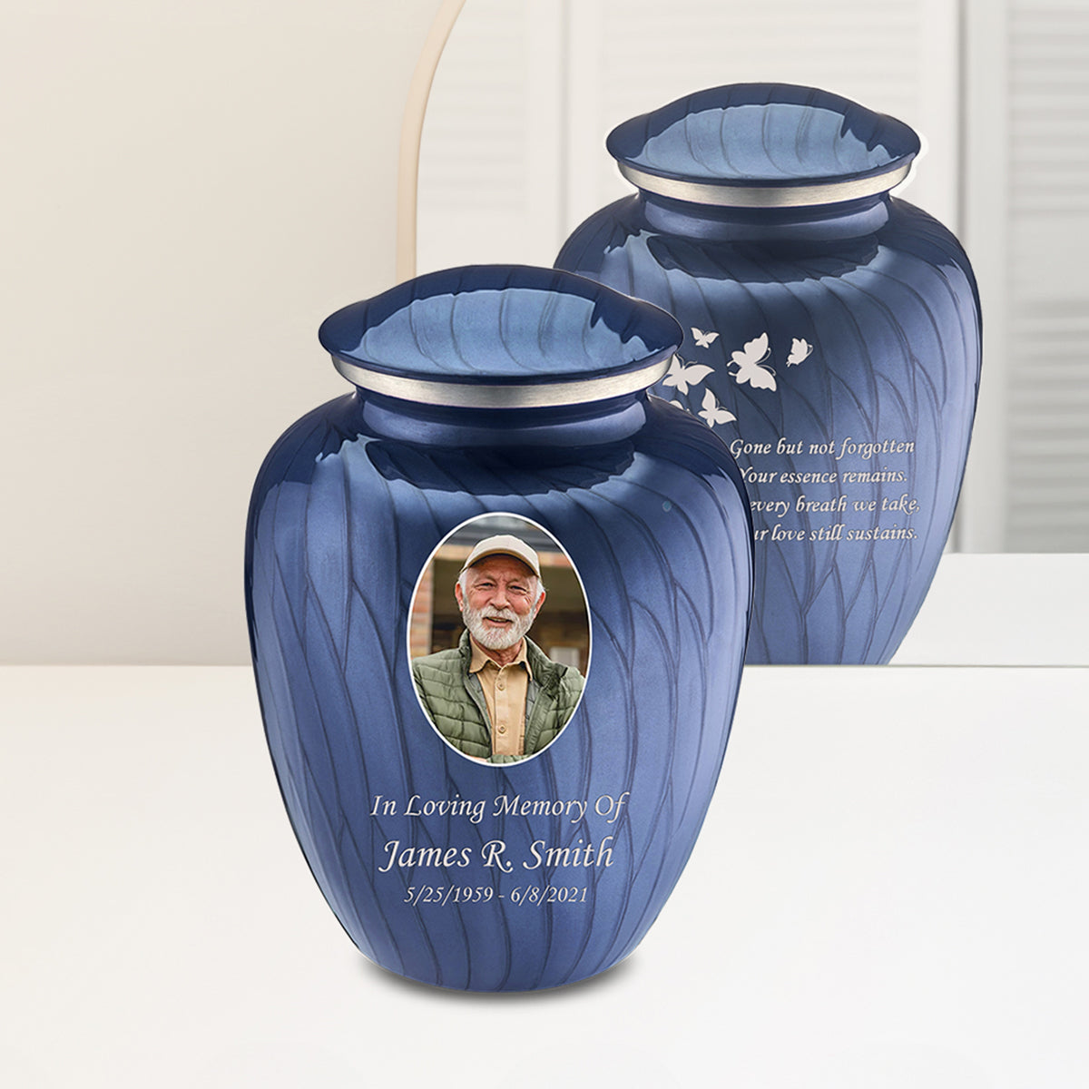 Adult Embrace Pearl Cobalt Blue Portrait with Butterflies Cremation Urn