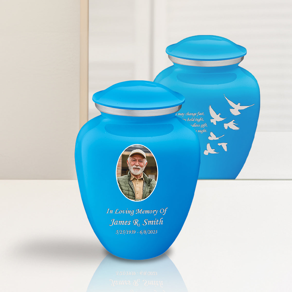 Medium Embrace Racing Blue Portrait with Doves Cremation Urn