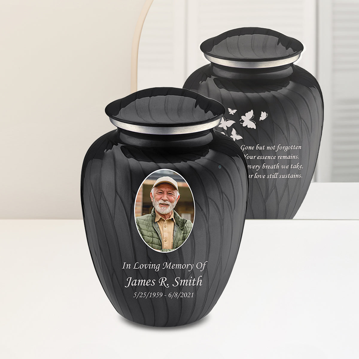 Adult Embrace Pearl Black Portrait with Butterflies Cremation Urn