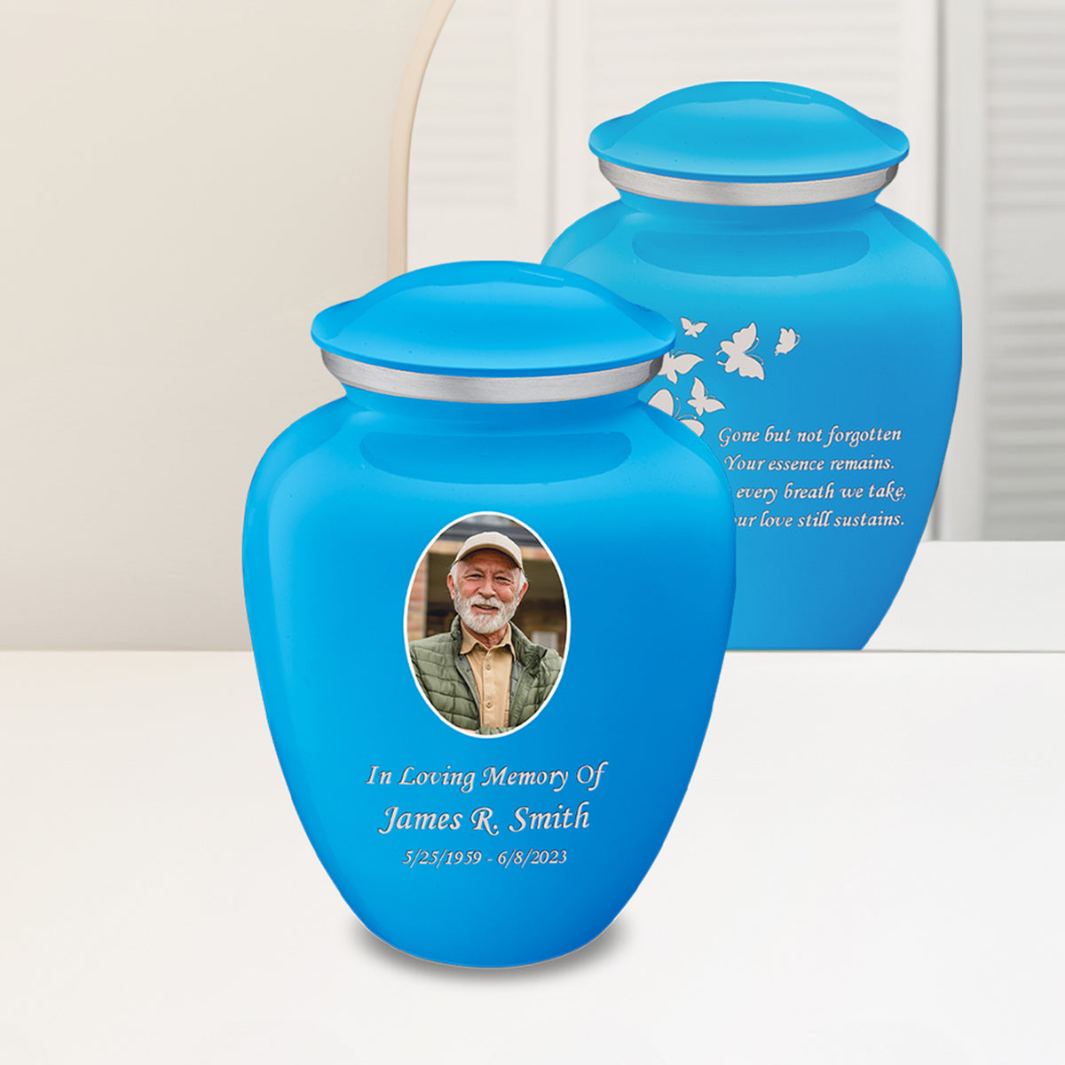 Adult Embrace Racing Blue Portrait with Butterflies Cremation Urn