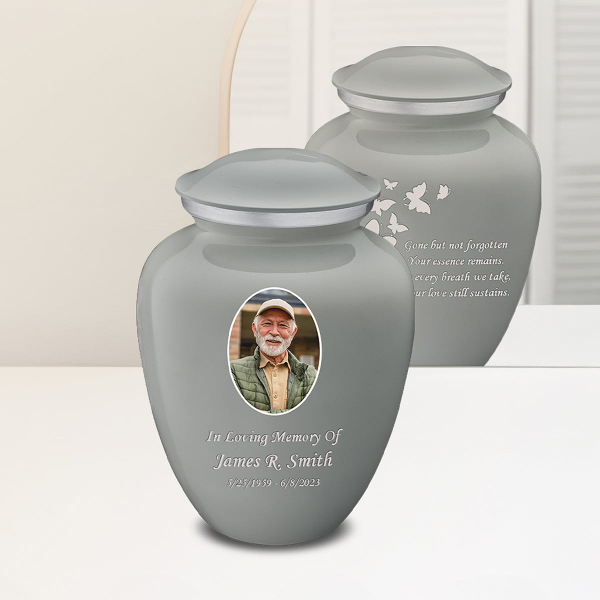 Adult Embrace Slate Grey Portrait with Butterflies Cremation Urn