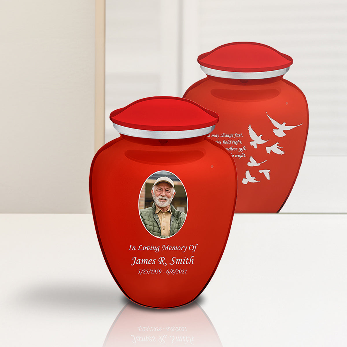 Medium Embrace Bright Red Portrait with Doves Cremation Urn