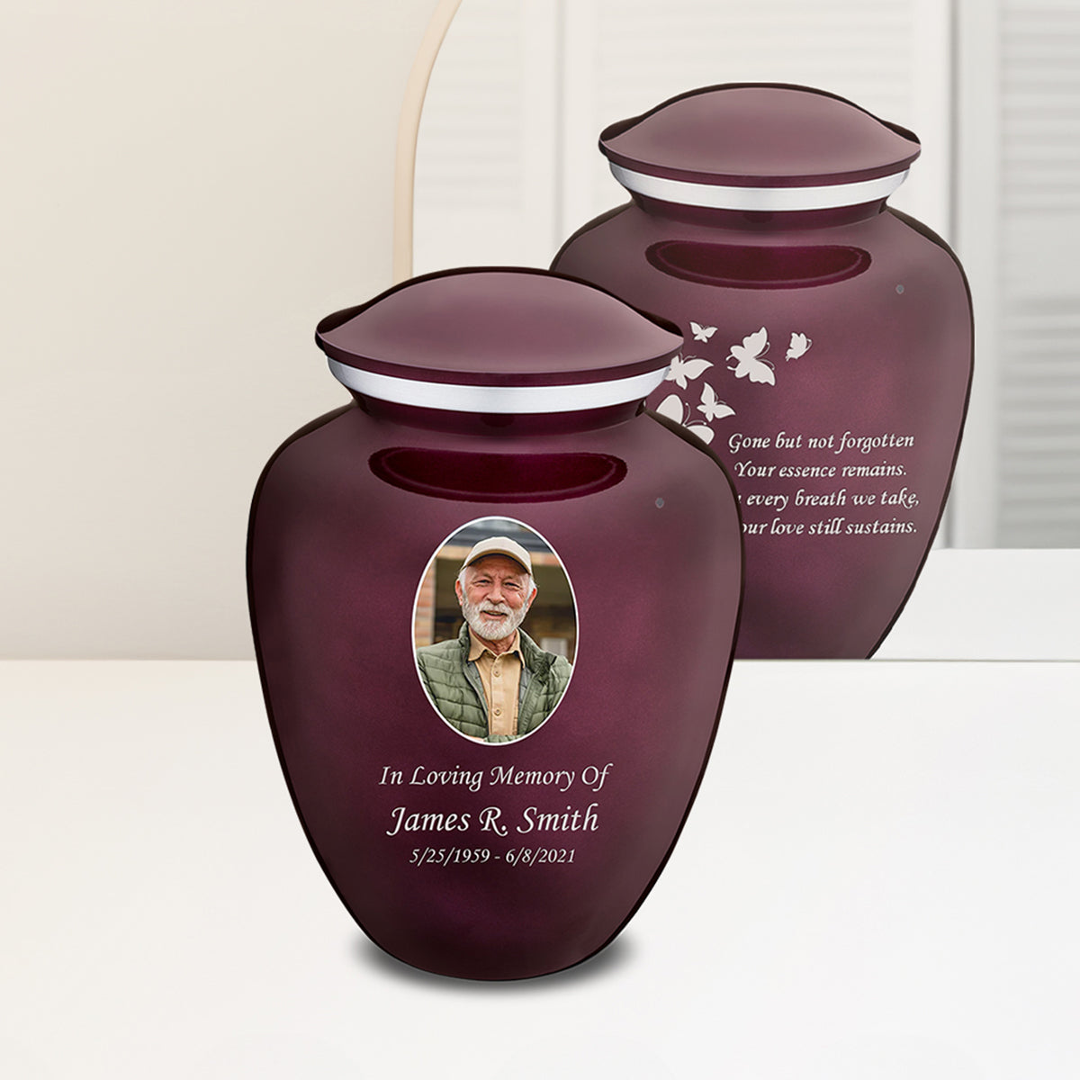Adult Embrace Cherry Purple Portrait with Butterflies Cremation Urn