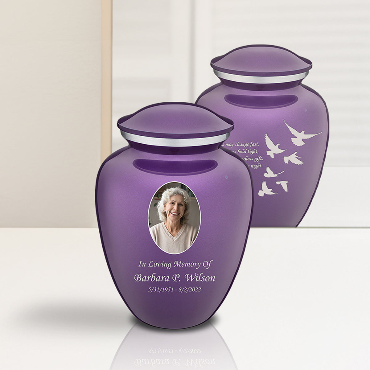 Medium Embrace Purple Portrait with Doves Cremation Urn