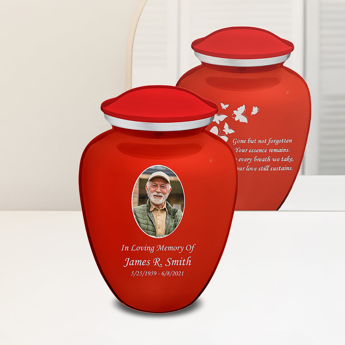 Adult Embrace Bright Red Portrait with Butterflies Cremation Urn