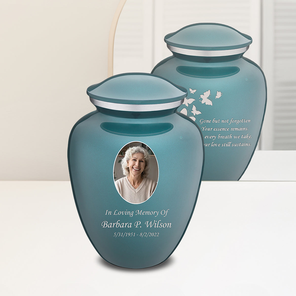 Adult Embrace Teal Portrait with Butterflies Cremation Urn