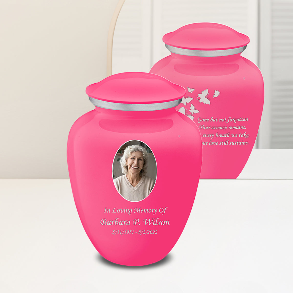 Adult Embrace Bright Pink Portrait with Butterflies Cremation Urn