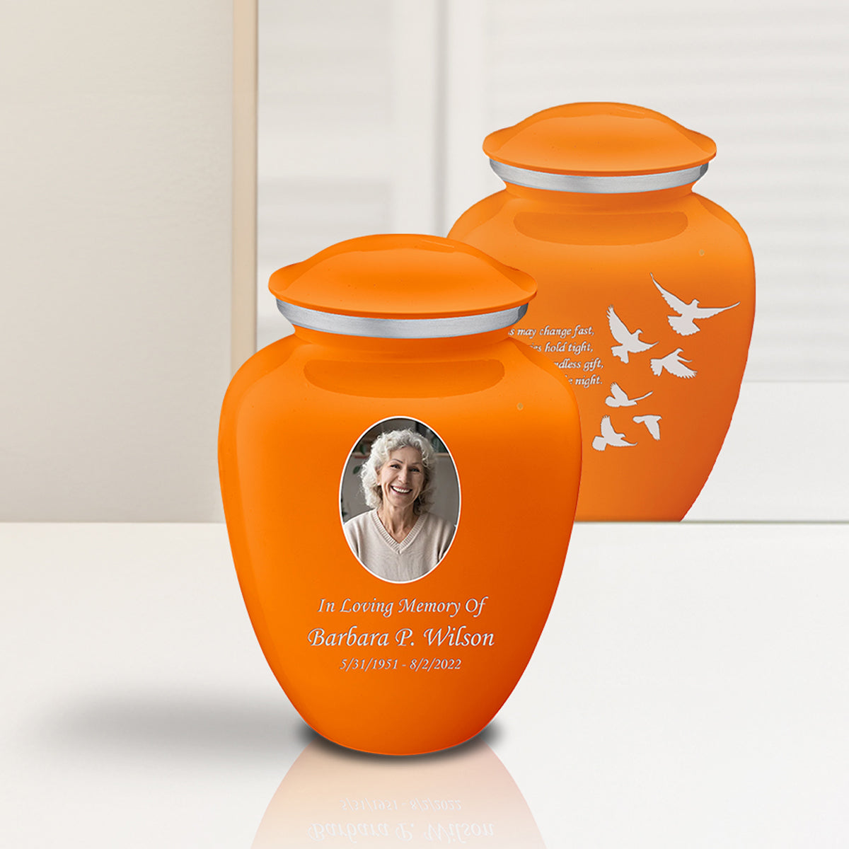 Medium Embrace Burnt Orange Portrait with Doves Cremation Urn