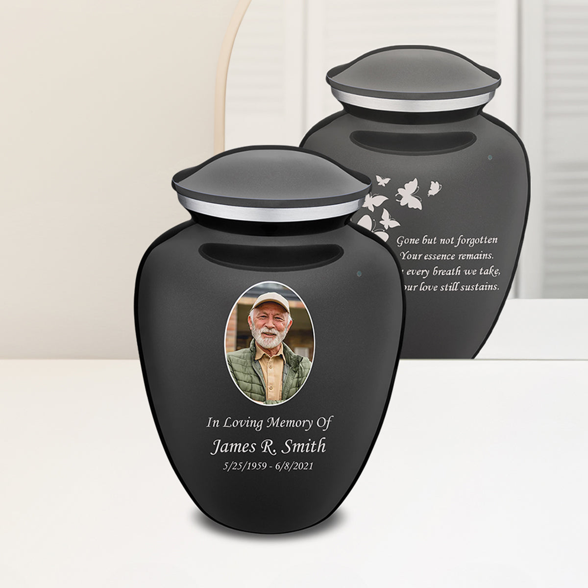 Adult Embrace Charcoal Portrait with Butterflies Cremation Urn