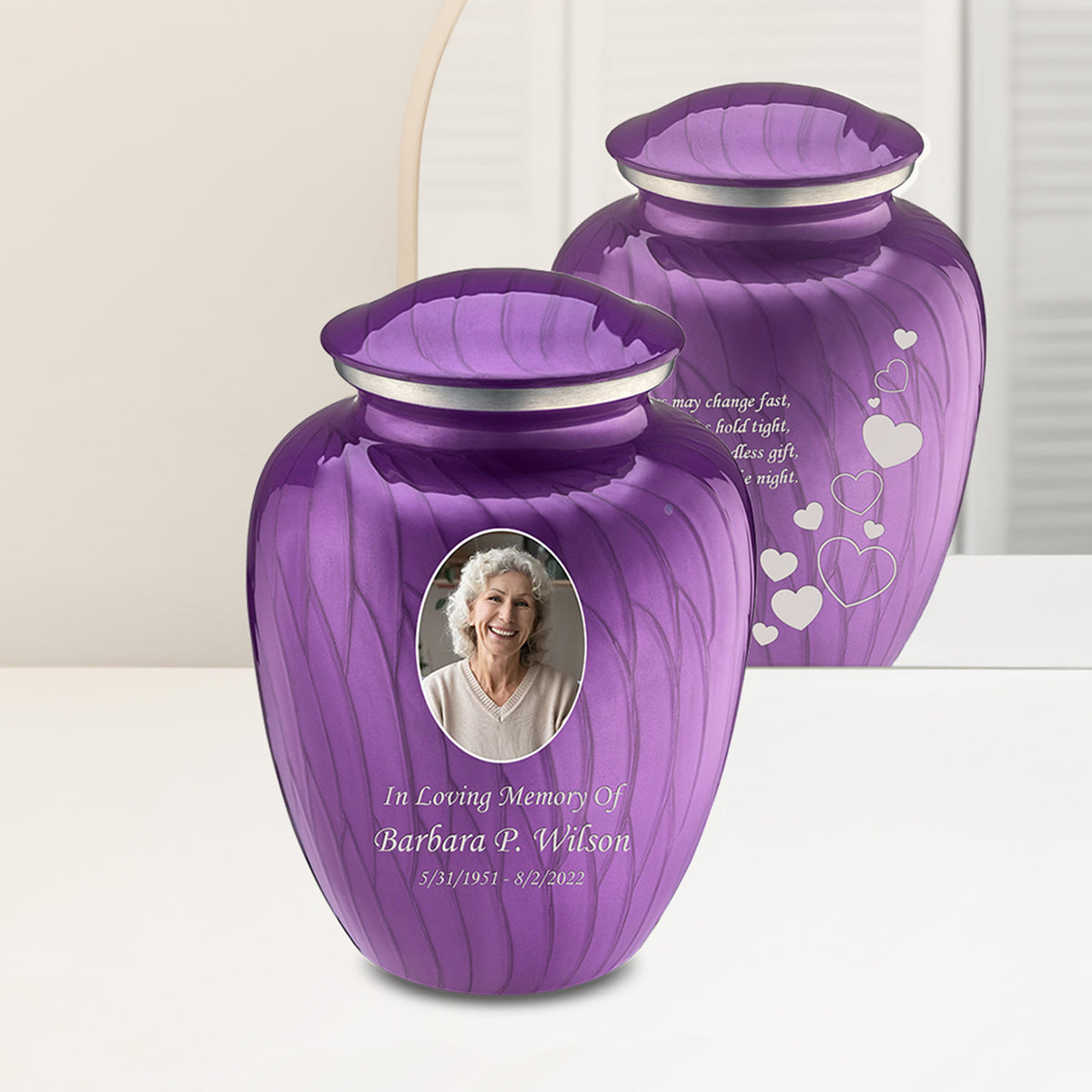 Adult Embrace Pearl Purple Portrait with Floating Hearts Cremation Urn
