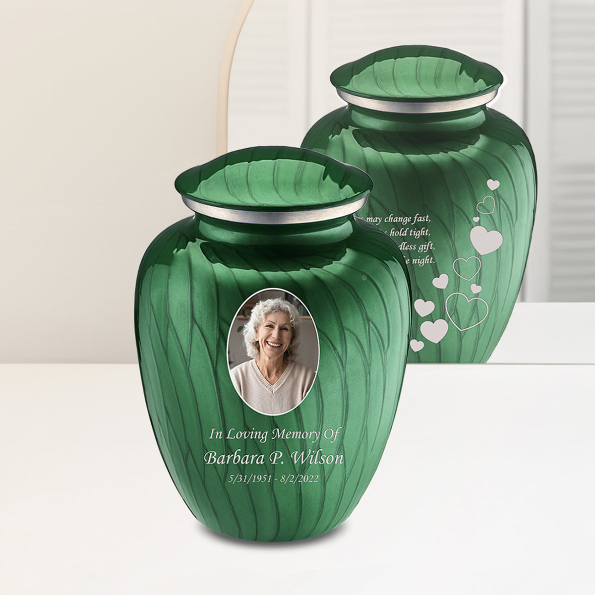 Adult Embrace Pearl Green Portrait with Floating Hearts Cremation Urn