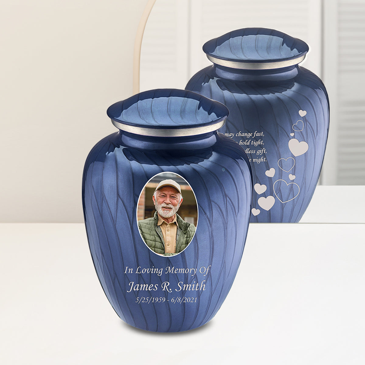 Adult Embrace Pearl Cobalt Blue Portrait with Floating Hearts Cremation Urn