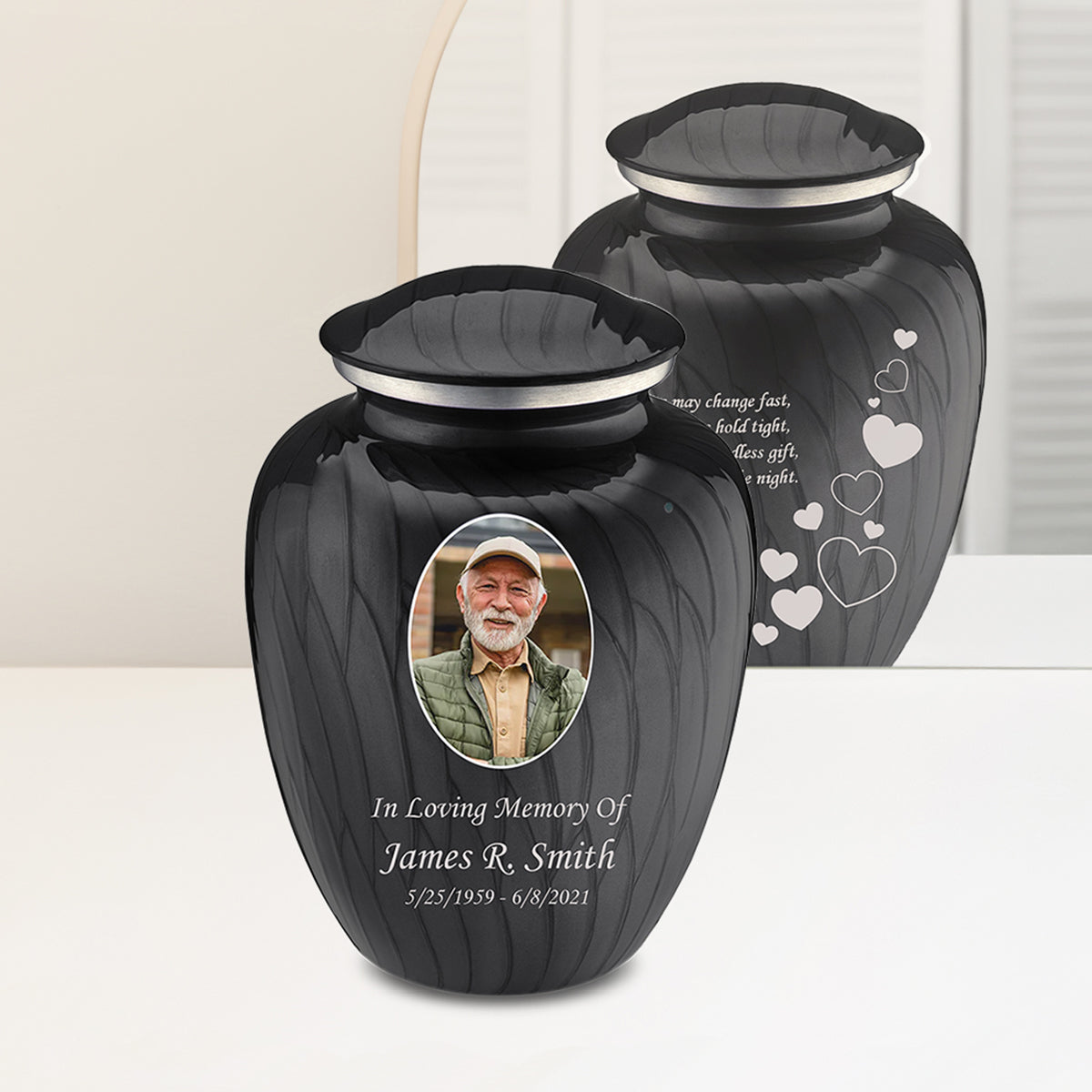 Adult Embrace Pearl Black Portrait with Floating Hearts Cremation Urn