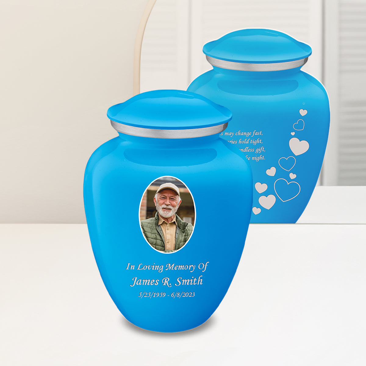 Adult Embrace Racing Blue Portrait with Floating Hearts Cremation Urn