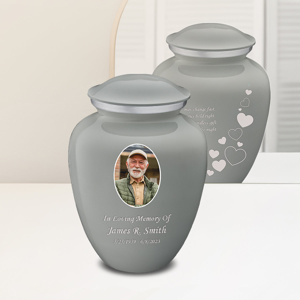 Adult Embrace Slate Grey Portrait with Floating Hearts Cremation Urn