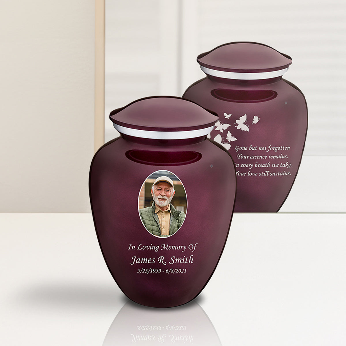 Medium Embrace Cherry Purple Portrait with Butterflies Cremation Urn