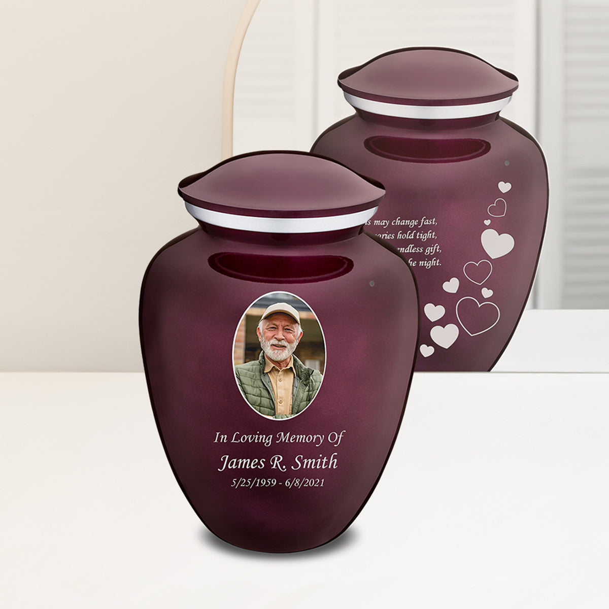 Adult Embrace Cherry Purple Portrait with Floating Hearts Cremation Urn