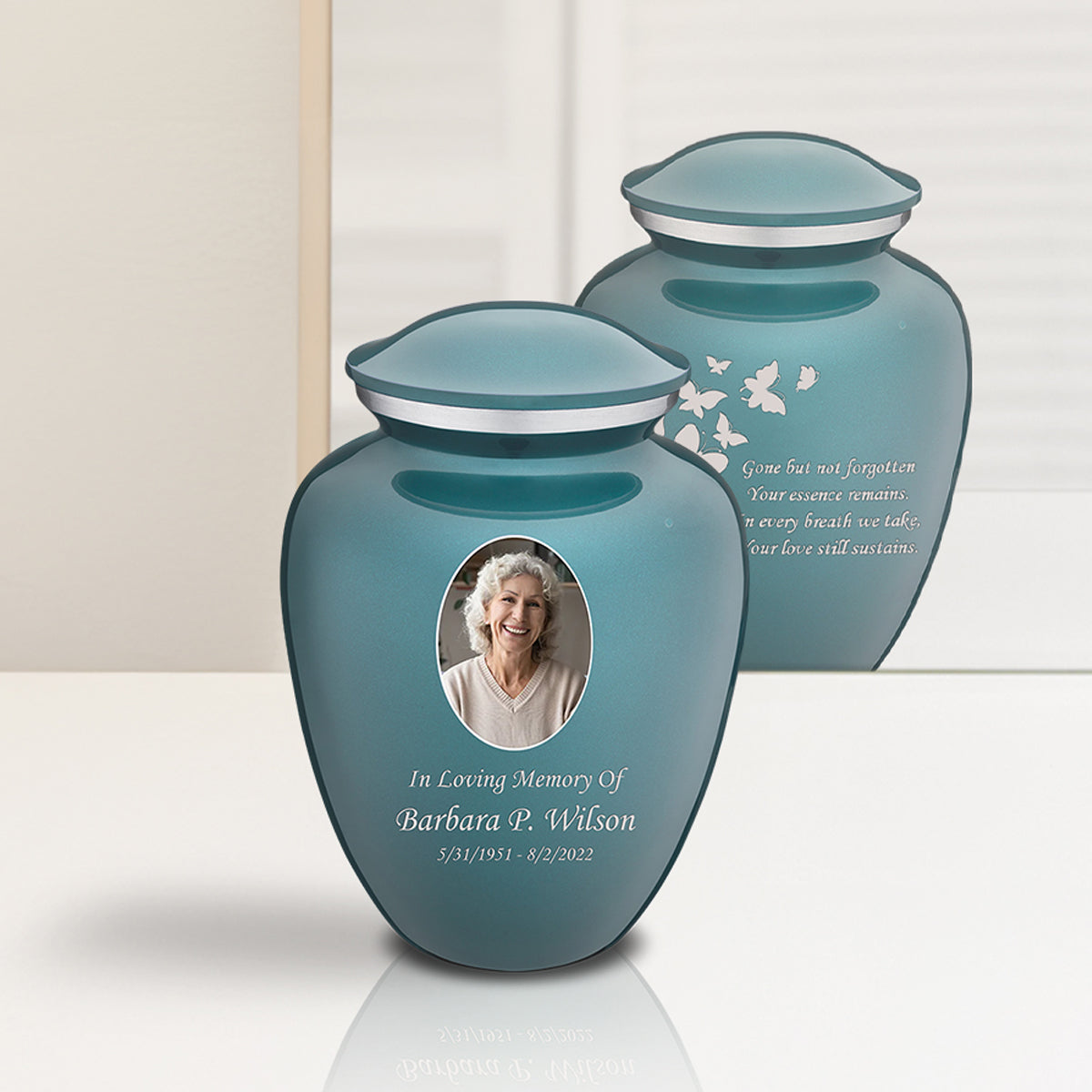 Medium Embrace Teal Portrait with Butterflies Cremation Urn