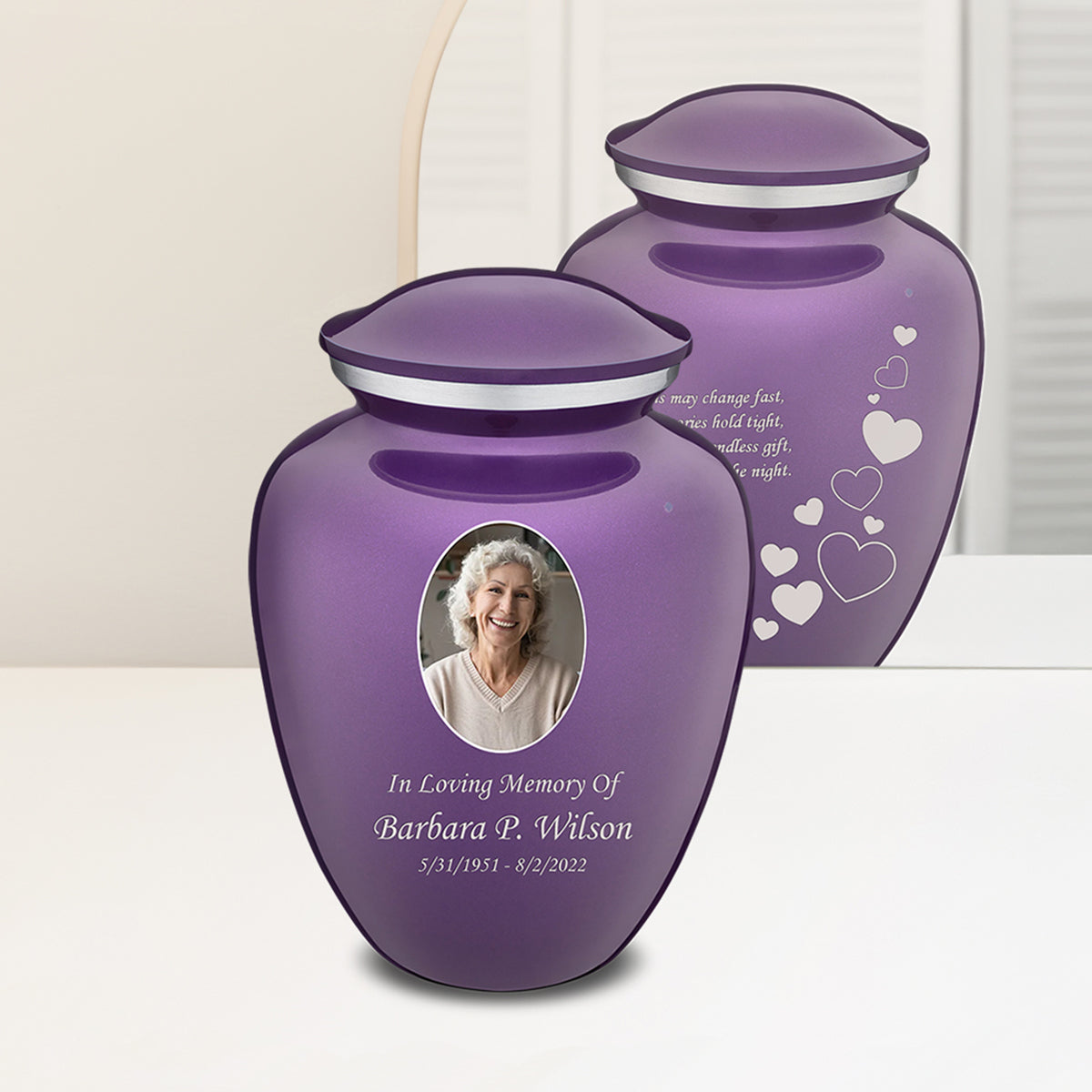 Adult Embrace Purple Portrait with Floating Hearts Cremation Urn