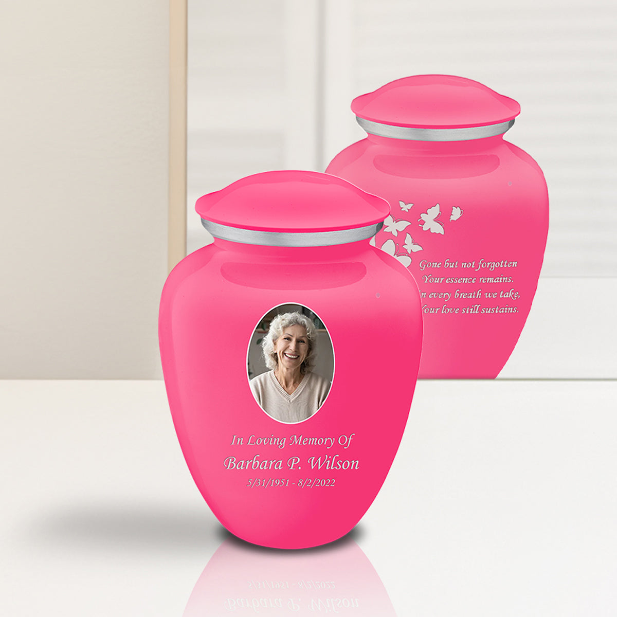 Medium Embrace Bright Pink Portrait with Butterflies Cremation Urn