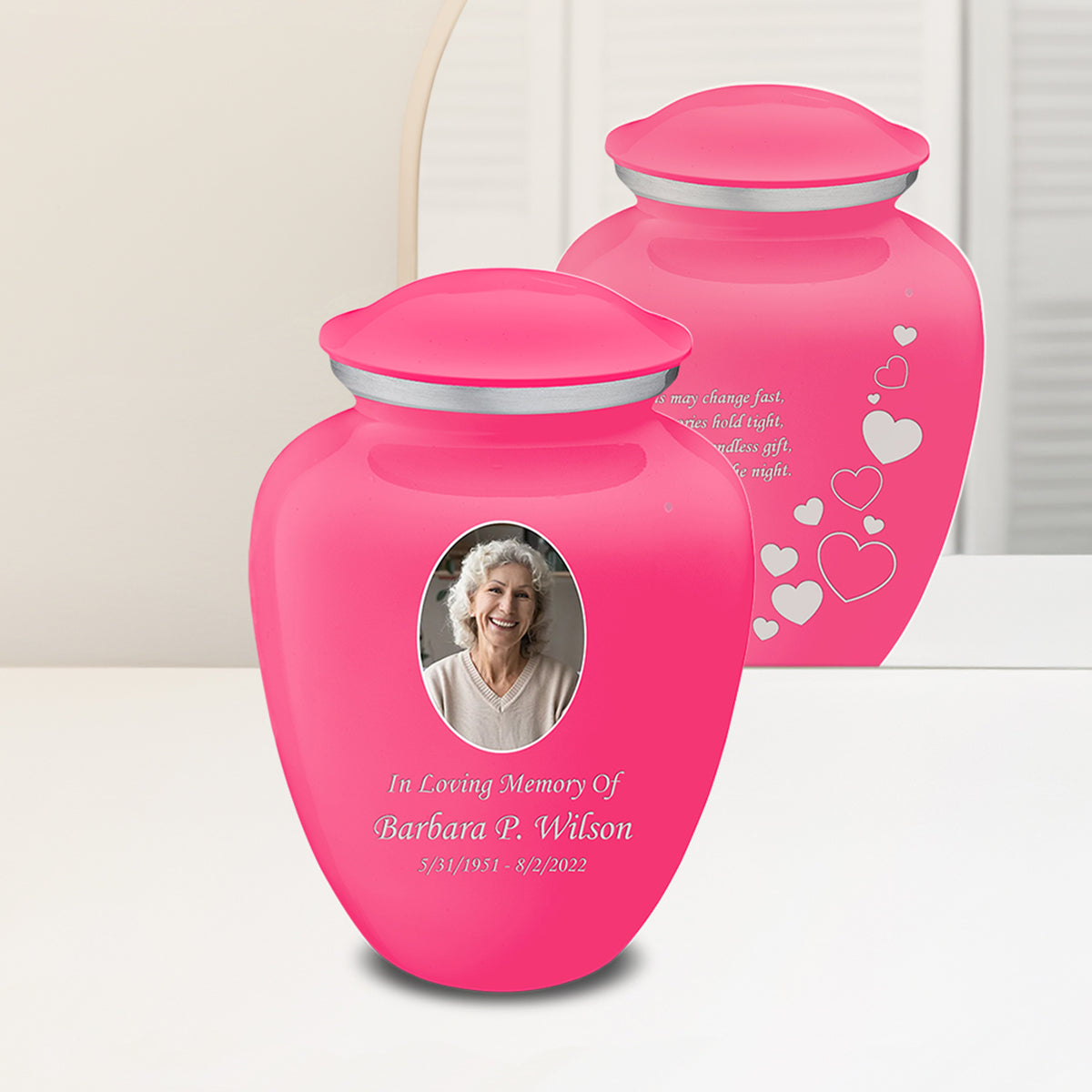 Adult Embrace Bright Pink Portrait with Floating Heart Cremation Urn
