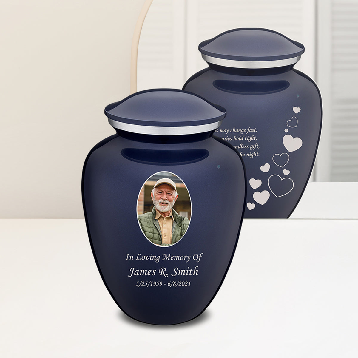 Adult Embrace Cobalt Blue Portrait with Floating Hearts Cremation Urn