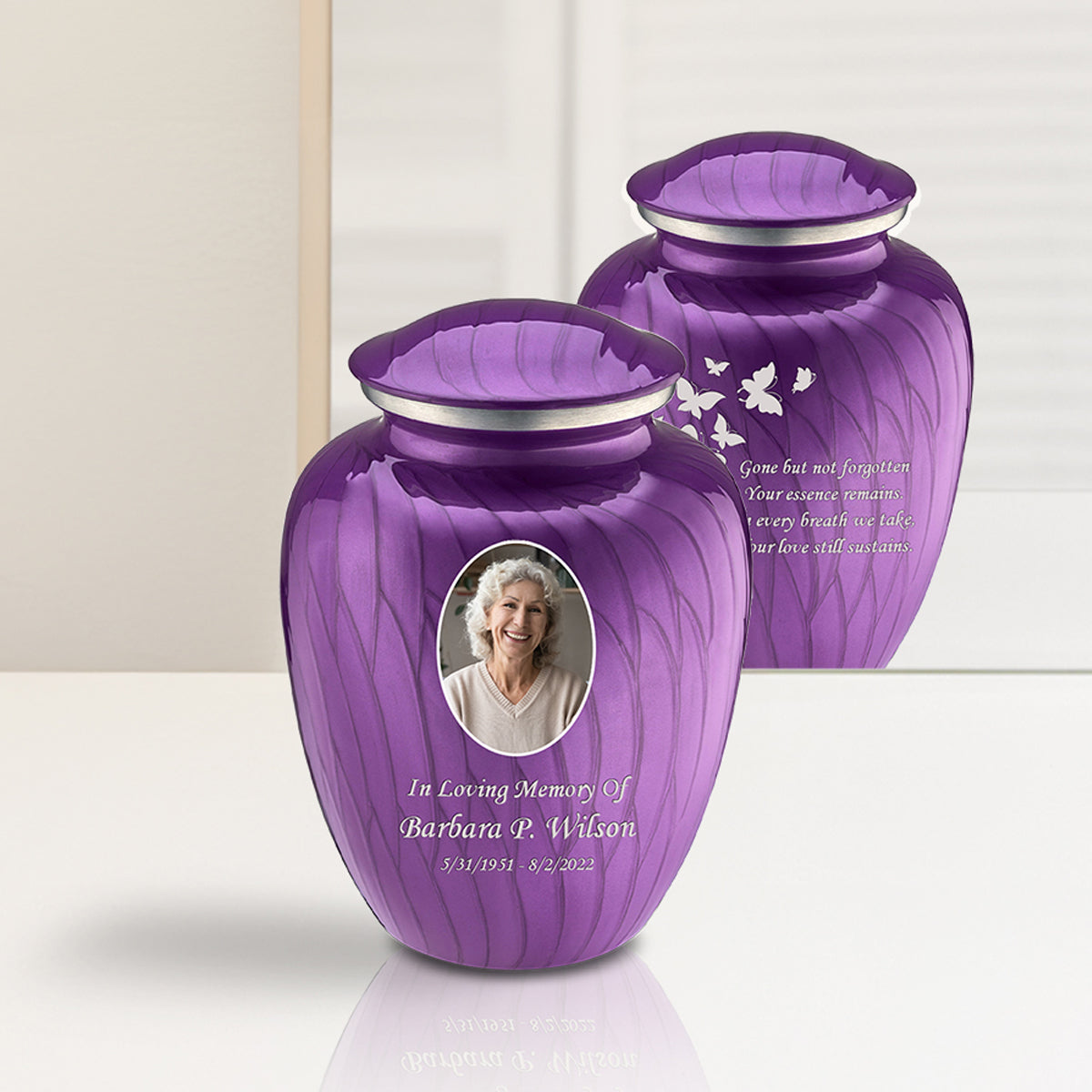 Medium Embrace Pearl Purple Portrait with Butterflies Cremation Urn