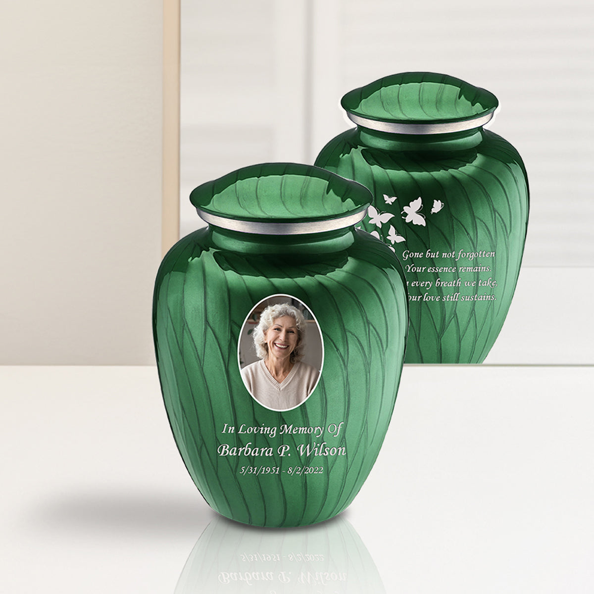 Medium Embrace Pearl Green Portrait with Butterflies Cremation Urn