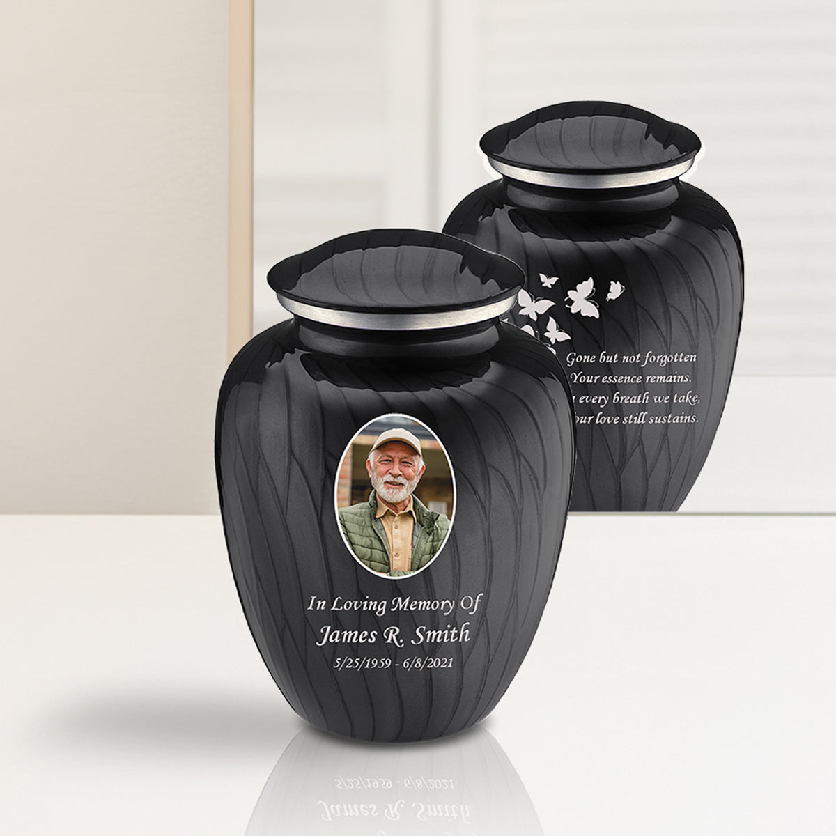 Medium Embrace Pearl Black Portrait with Butterflies Cremation Urn