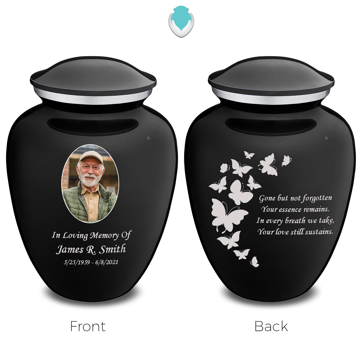 Medium Embrace Black Portrait with Butterflies Cremation Urn