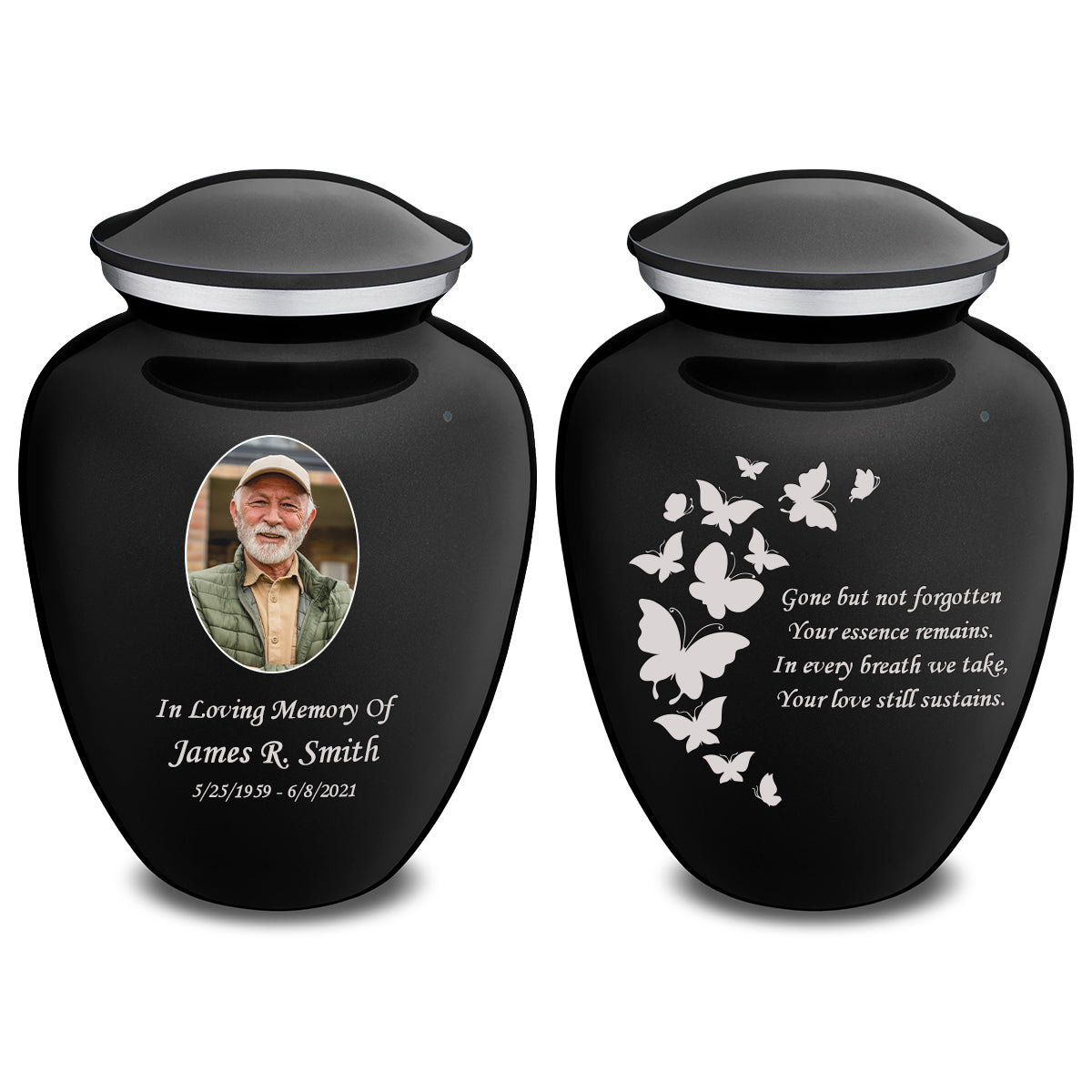 Adult Embrace Black Portrait with Butterfles Cremation Urn