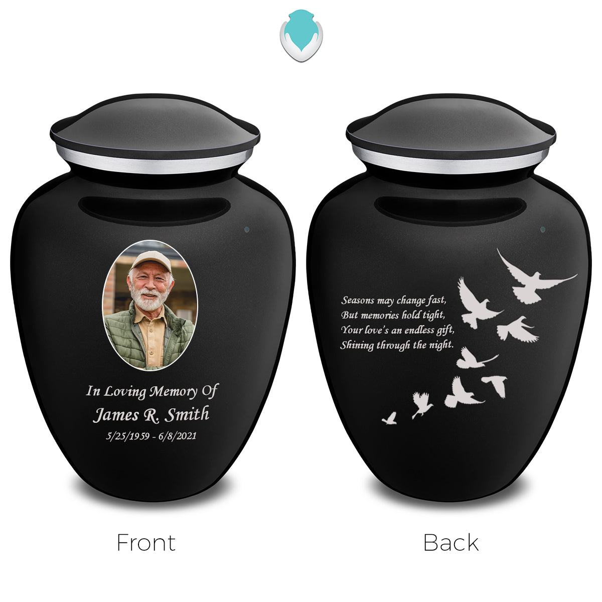 Adult Embrace Black Portrait with Doves Cremation Urn