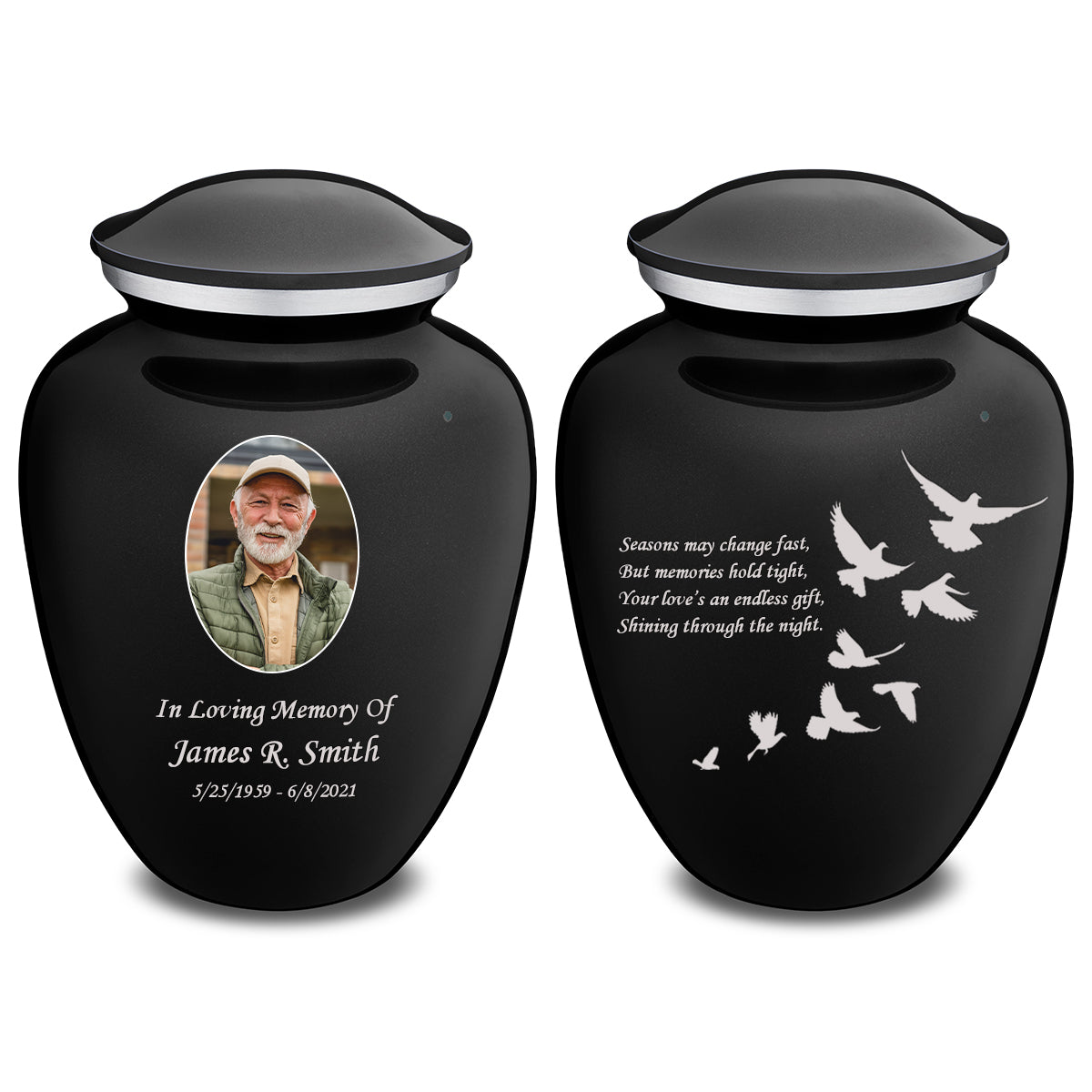 Medium Embrace Black Portrait with Doves Cremation Urn