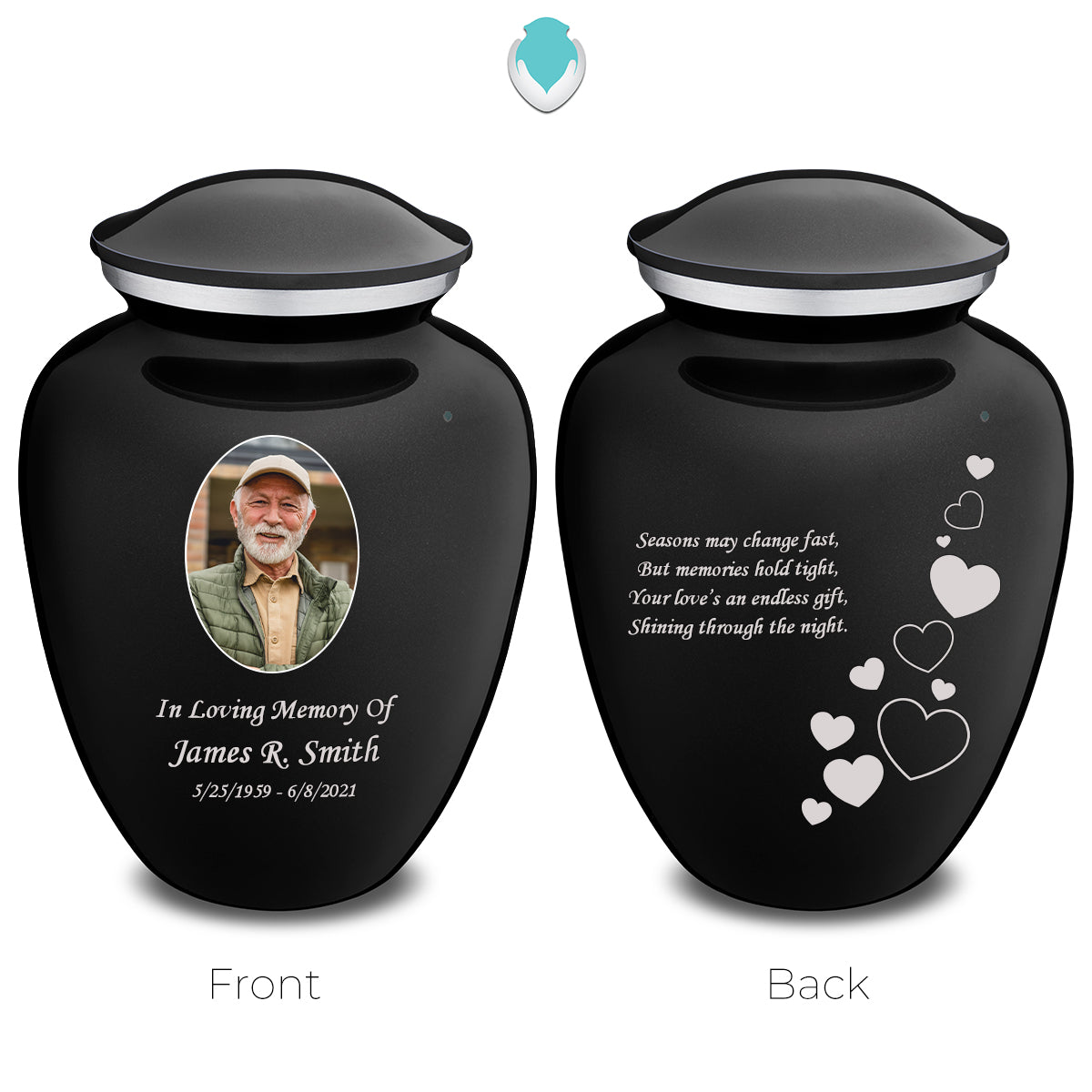 Adult Embrace Black Portrait with Floating Hearts Cremation Urn