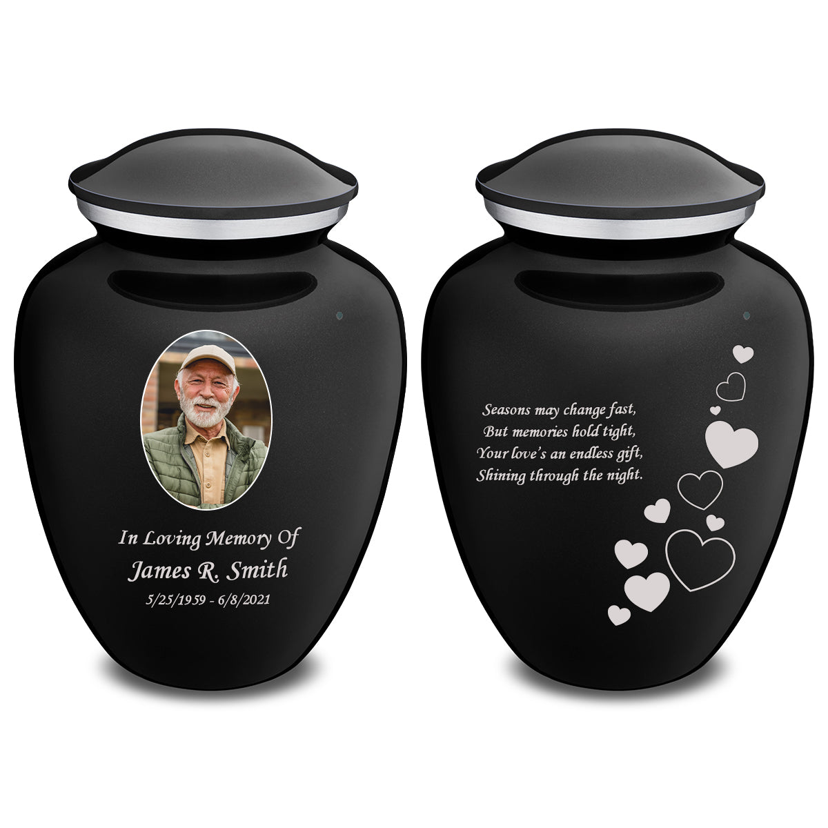 Medium Embrace Black Portrait with Floating Hearts Cremation Urn