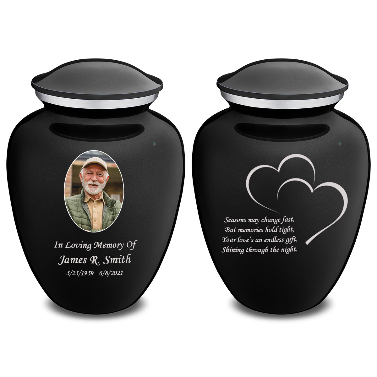 Adult Embrace Black Portrait Hearts Cremation Urn