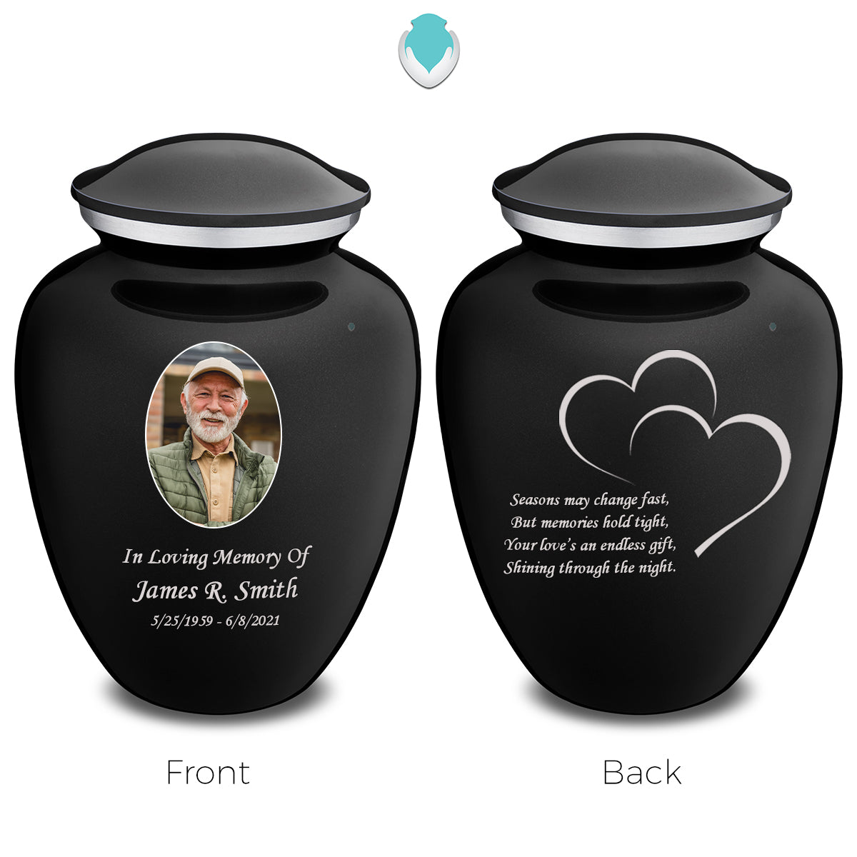 Adult Embrace Black Portrait Hearts Cremation Urn