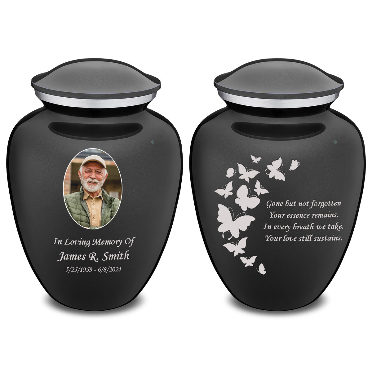 Medium Embrace Charcoal Portrait with Butterflies Cremation Urn
